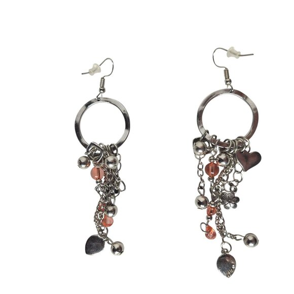Silver Chain Earrings Heart Flower Charms Orange Beads Boho - Picture 2 of 2